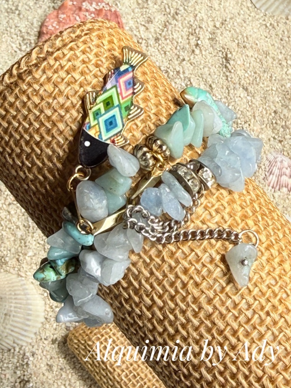 Aquamarine , Aventurine and Turquoise Mint Beaded Fish Charm Bracelet stack